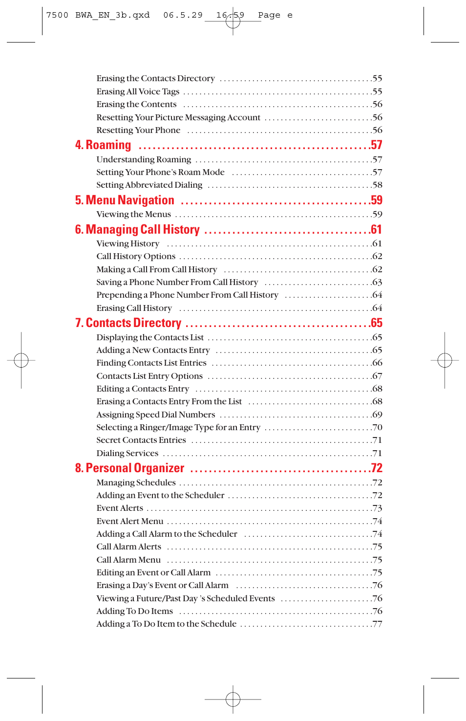 Roaming, Menu navigation, Managing call history | Contacts directory, Personal organizer | Sanyo scp 7500 User Manual | Page 5 / 173