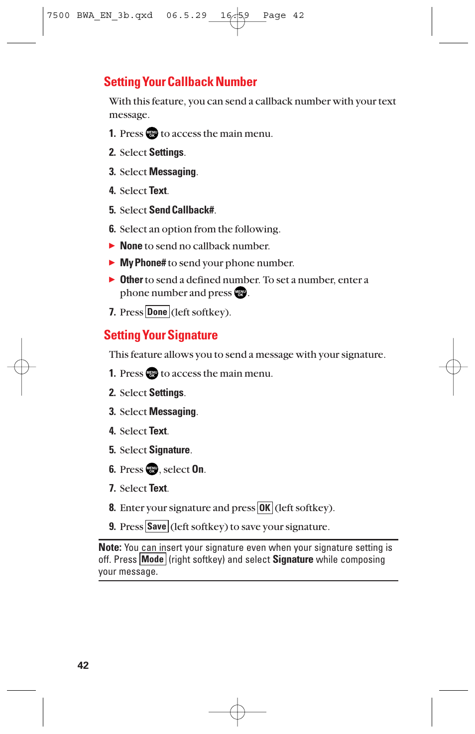 Setting your callback number, Setting your signature | Sanyo scp 7500 User Manual | Page 50 / 173