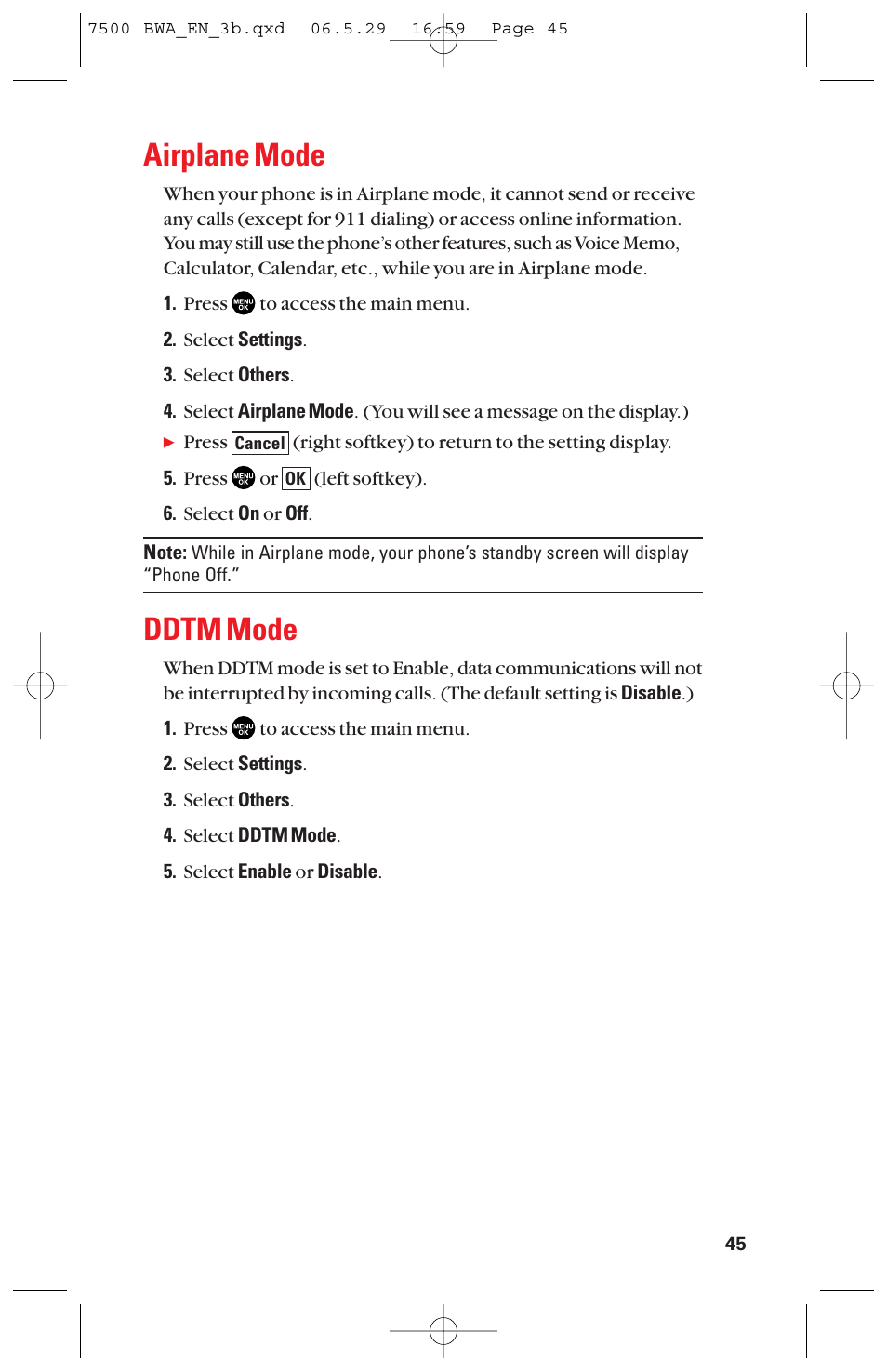 Airplane mode, Ddtm mode | Sanyo scp 7500 User Manual | Page 53 / 173