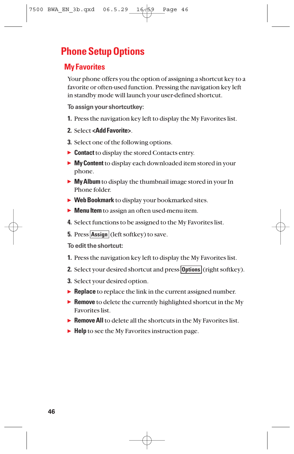 Phone setup options, My favorites | Sanyo scp 7500 User Manual | Page 54 / 173