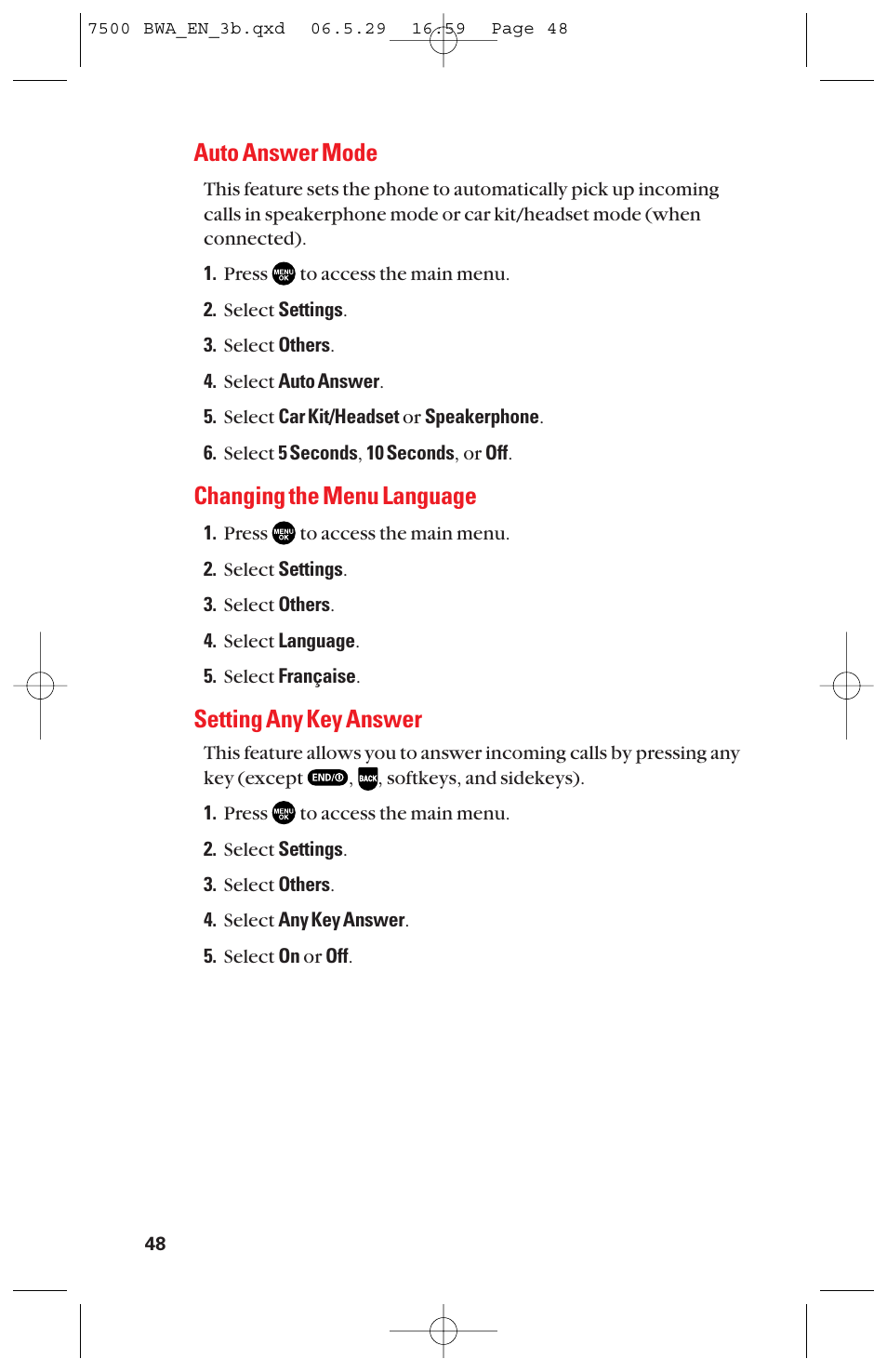 Auto answer mode, Changing the menu language, Setting any key answer | Sanyo scp 7500 User Manual | Page 56 / 173