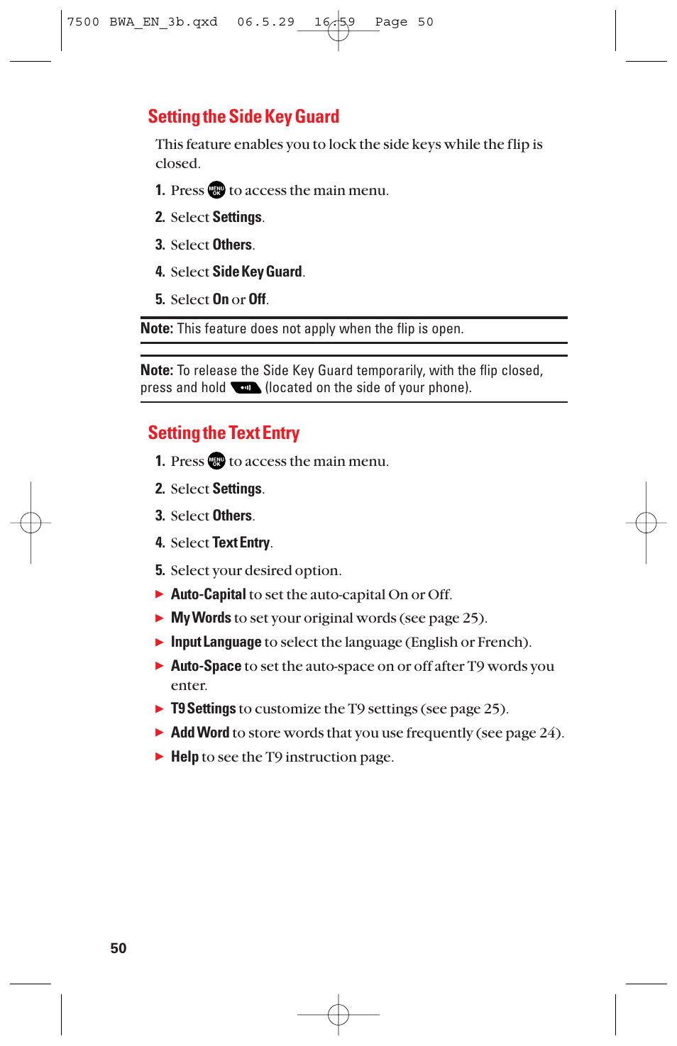 Setting the side key guard, Setting the text entry | Sanyo scp 7500 User Manual | Page 58 / 173