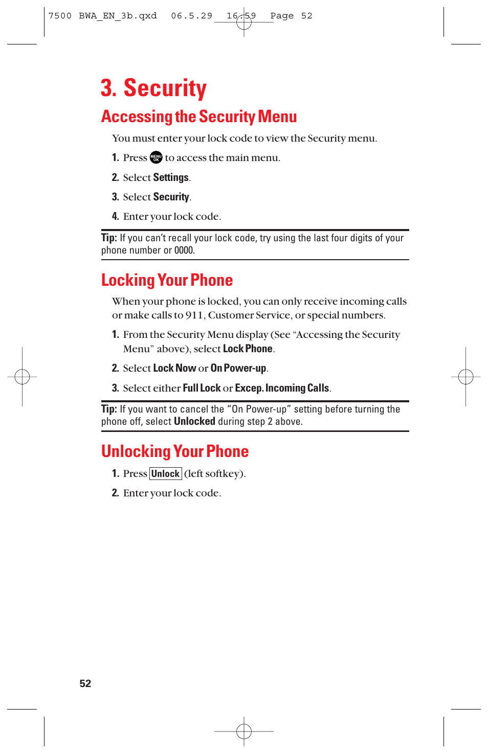 Security, Accessing the security menu, Locking your phone | Unlocking your phone | Sanyo scp 7500 User Manual | Page 60 / 173