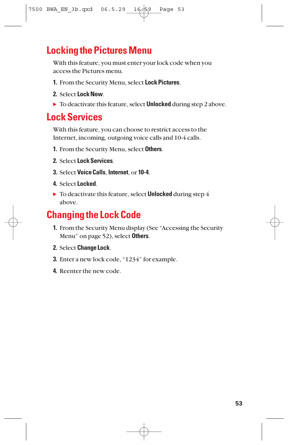 Locking the pictures menu, Lock services, Changing the lock code | Sanyo scp 7500 User Manual | Page 61 / 173