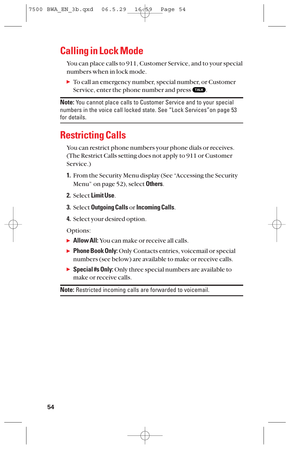 Calling in lock mode, Restricting calls | Sanyo scp 7500 User Manual | Page 62 / 173