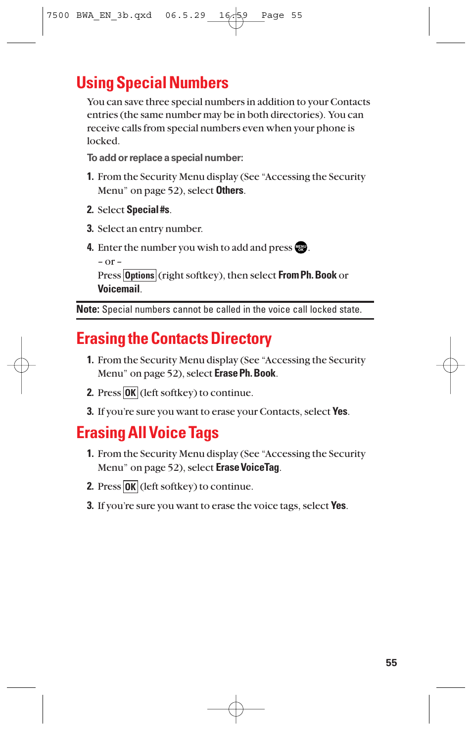 Using special numbers, Erasing the contacts directory, Erasing all voice tags | Sanyo scp 7500 User Manual | Page 63 / 173