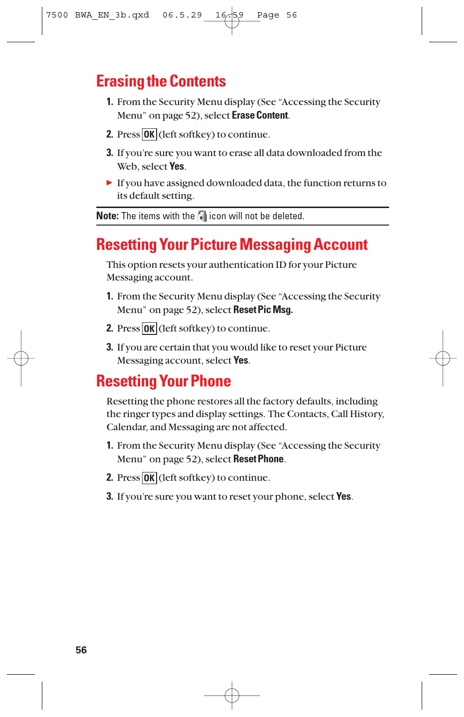 Erasing the contents, Resetting your picture messaging account, Resetting your phone | Sanyo scp 7500 User Manual | Page 64 / 173
