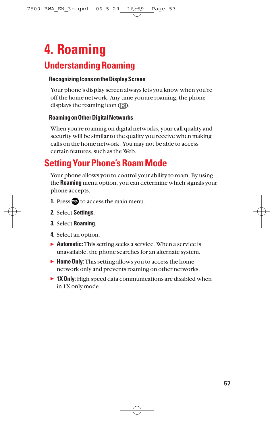 Roaming, Understanding roaming, Setting your phone’s roam mode | Sanyo scp 7500 User Manual | Page 65 / 173