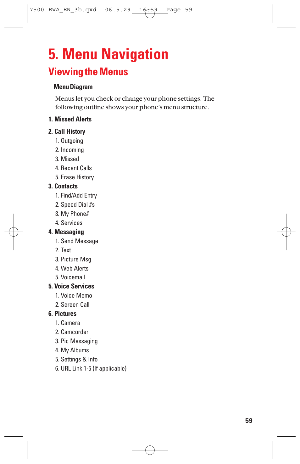 Menu navigation, Viewing the menus | Sanyo scp 7500 User Manual | Page 67 / 173