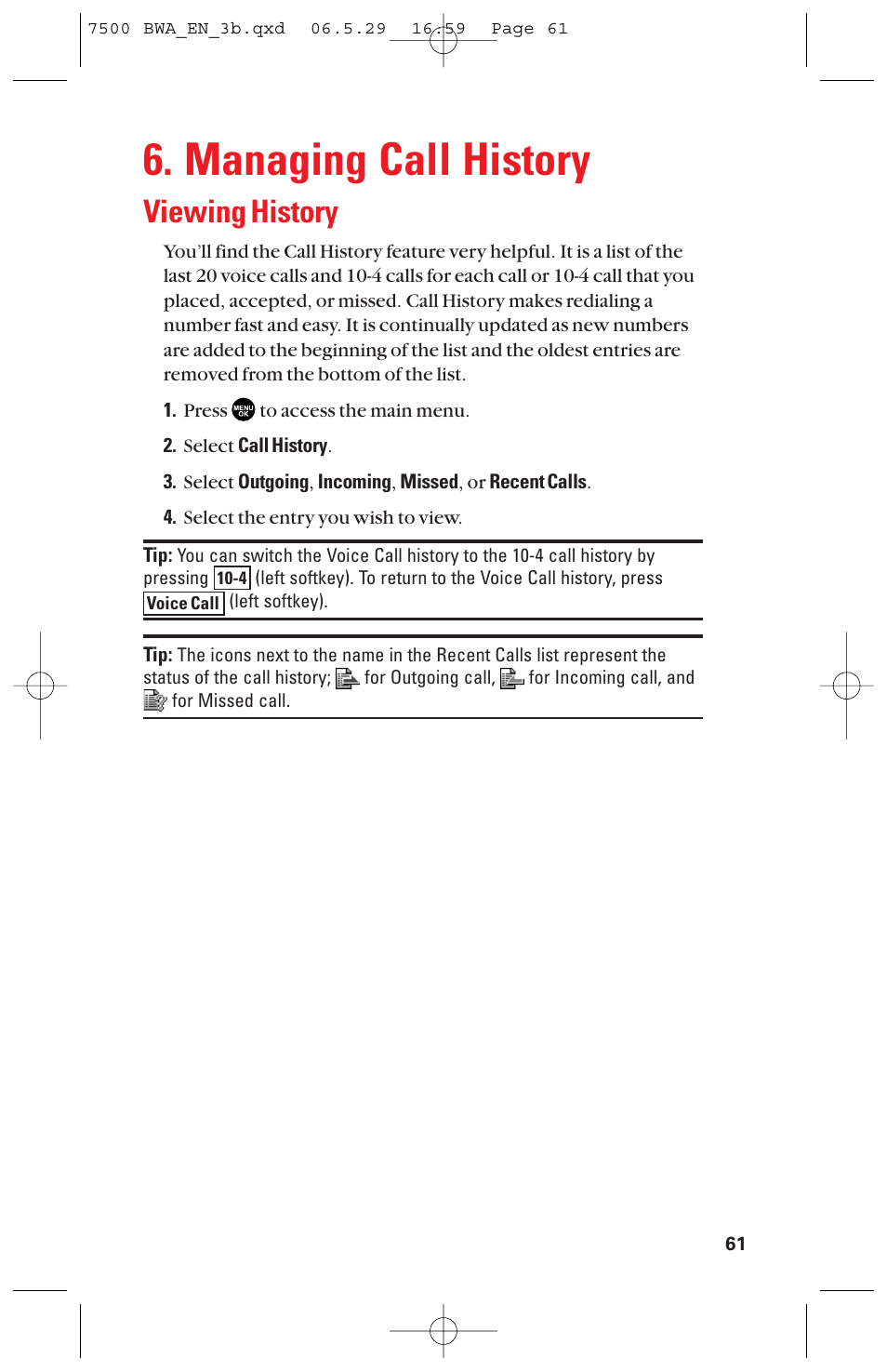 Managing call history, Viewing history | Sanyo scp 7500 User Manual | Page 69 / 173