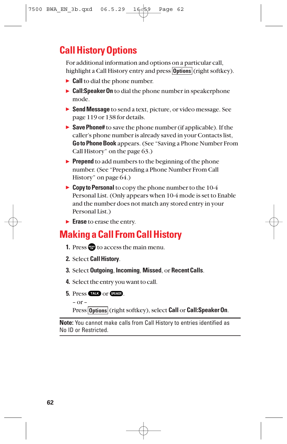 Call history options, Making a call from call history | Sanyo scp 7500 User Manual | Page 70 / 173