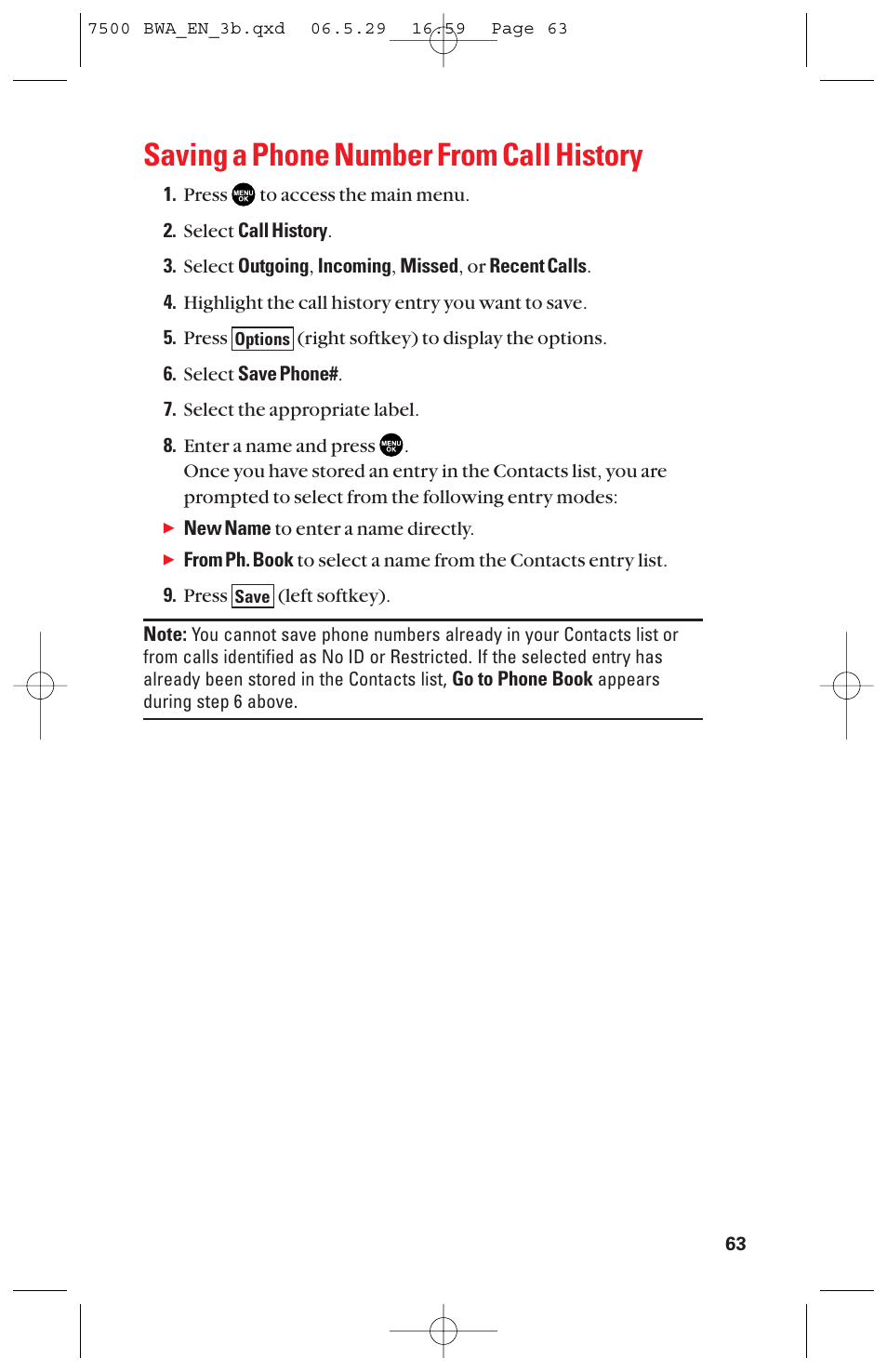 Saving a phone number from call history | Sanyo scp 7500 User Manual | Page 71 / 173