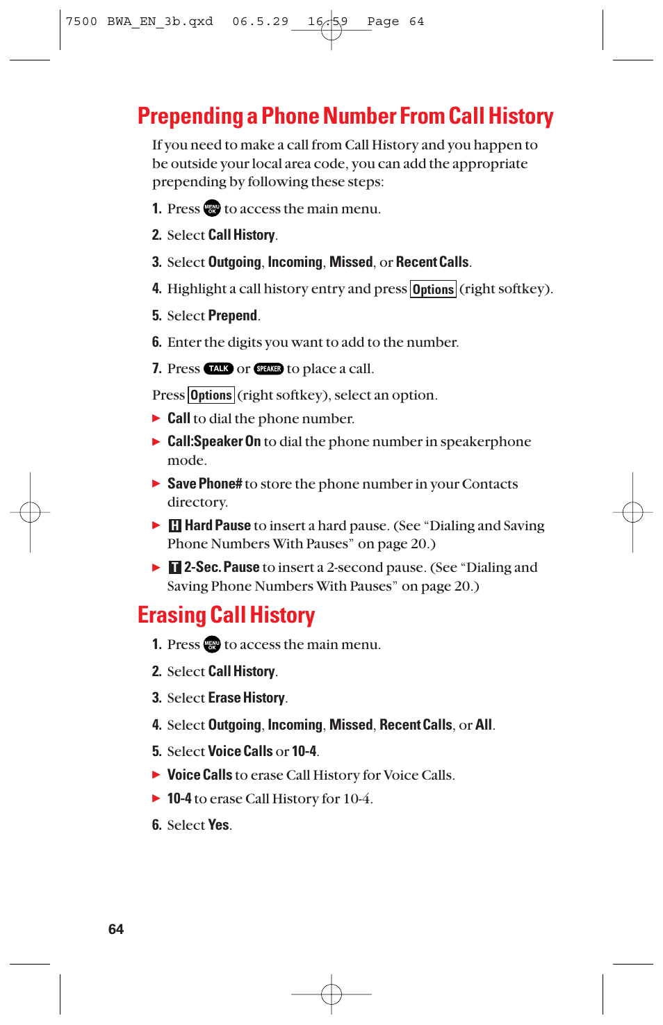 Prepending a phone number from call history, Erasing call history | Sanyo scp 7500 User Manual | Page 72 / 173