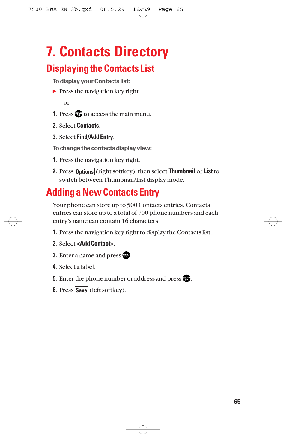 Contacts directory, Displaying the contacts list, Adding a new contacts entry | Sanyo scp 7500 User Manual | Page 73 / 173