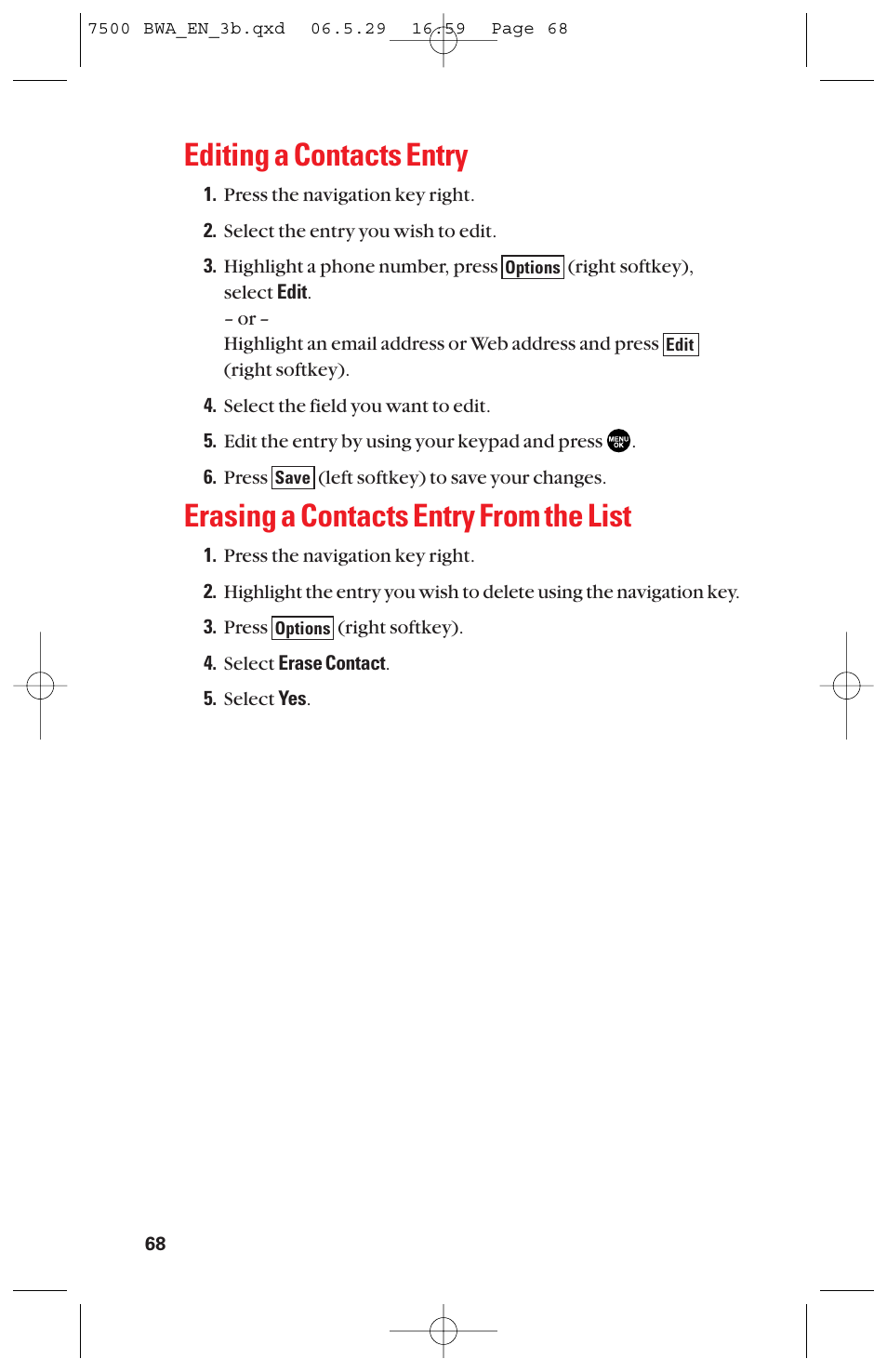 Editing a contacts entry, Erasing a contacts entry from the list | Sanyo scp 7500 User Manual | Page 76 / 173