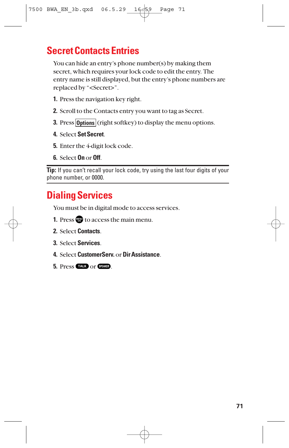 Secret contacts entries, Dialing services | Sanyo scp 7500 User Manual | Page 79 / 173