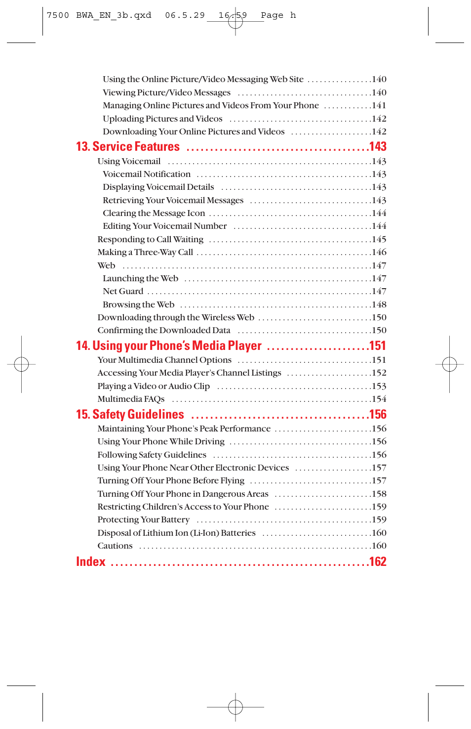 Service features, Using your phone’s media player, Safety guidelines | Index | Sanyo scp 7500 User Manual | Page 8 / 173