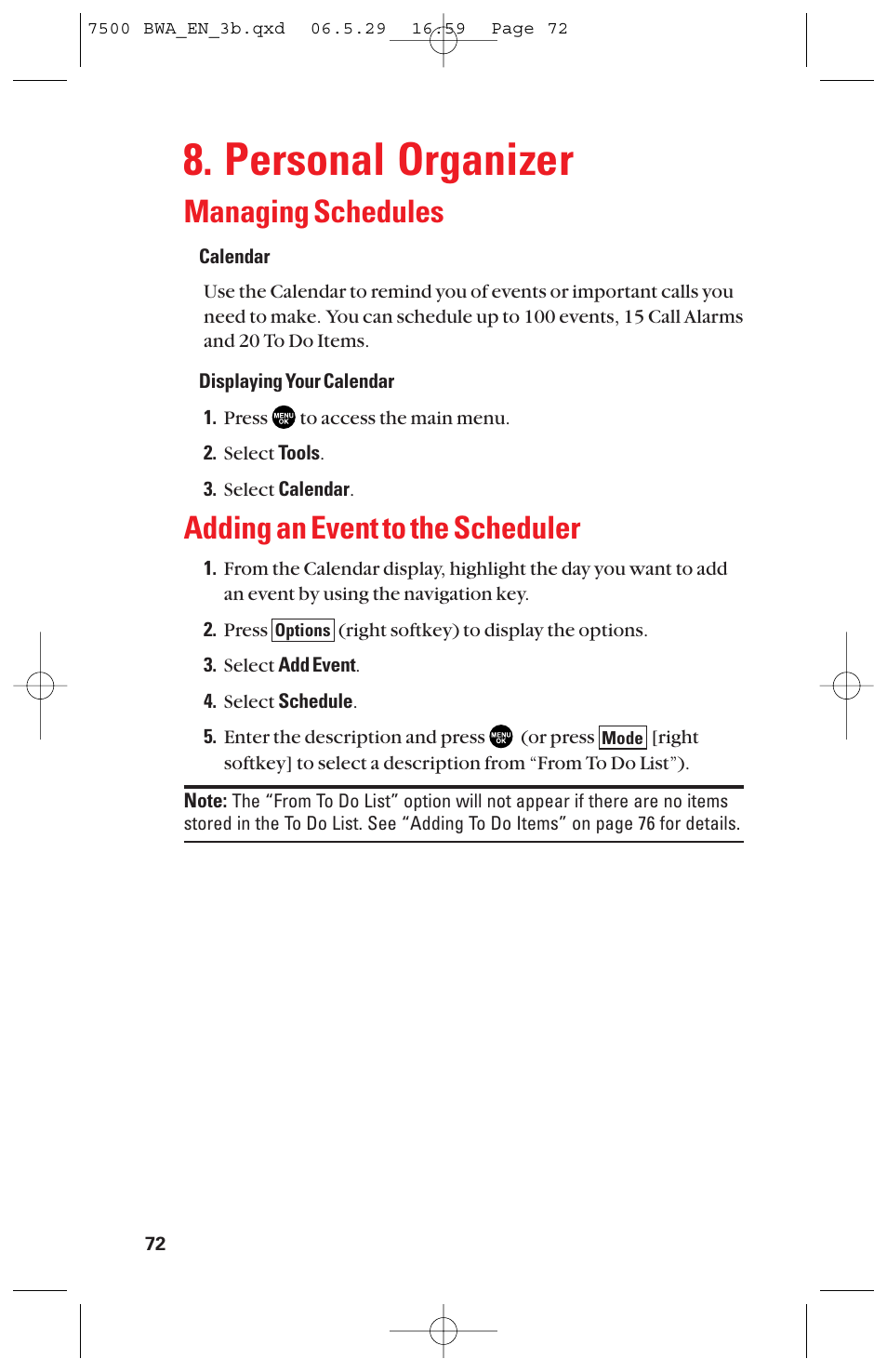 Personal organizer, Managing schedules, Adding an event to the scheduler | Sanyo scp 7500 User Manual | Page 80 / 173