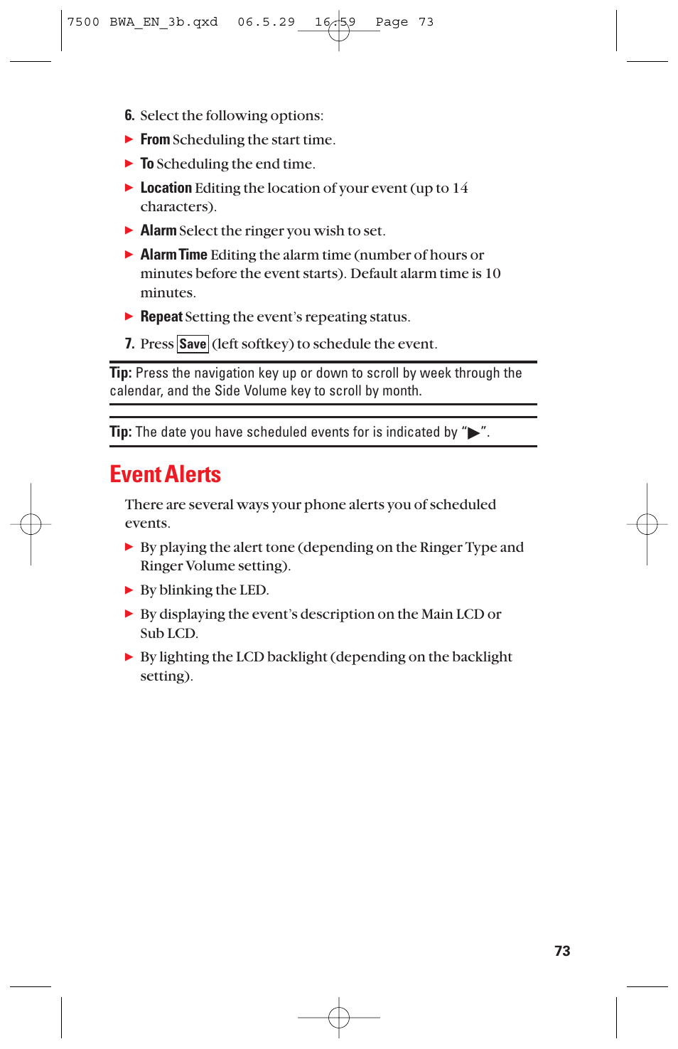 Event alerts | Sanyo scp 7500 User Manual | Page 81 / 173