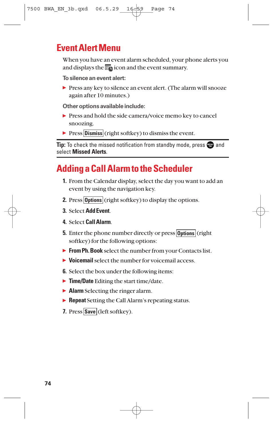 Event alert menu, Adding a call alarm to the scheduler | Sanyo scp 7500 User Manual | Page 82 / 173