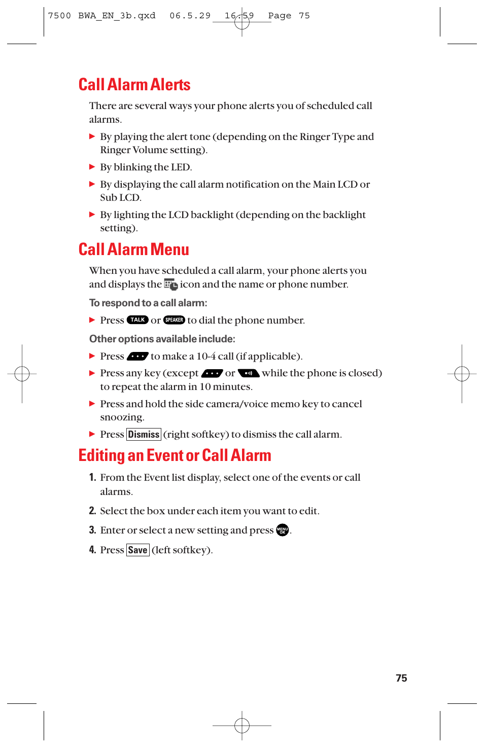 Call alarm alerts, Call alarm menu, Editing an event or call alarm | Sanyo scp 7500 User Manual | Page 83 / 173