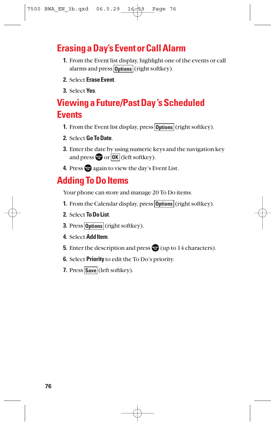 Erasing a day’s event or call alarm, Viewing a future/past day ’s scheduled events, Adding to do items | Sanyo scp 7500 User Manual | Page 84 / 173