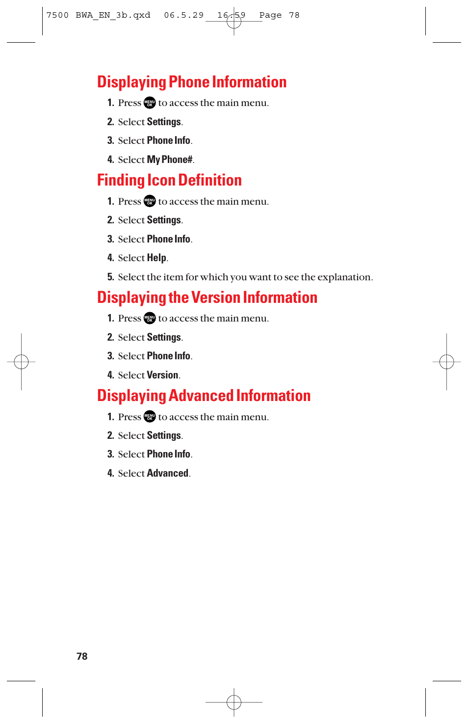 Displaying phone information, Finding icon definition, Displaying the version information | Displaying advanced information | Sanyo scp 7500 User Manual | Page 86 / 173