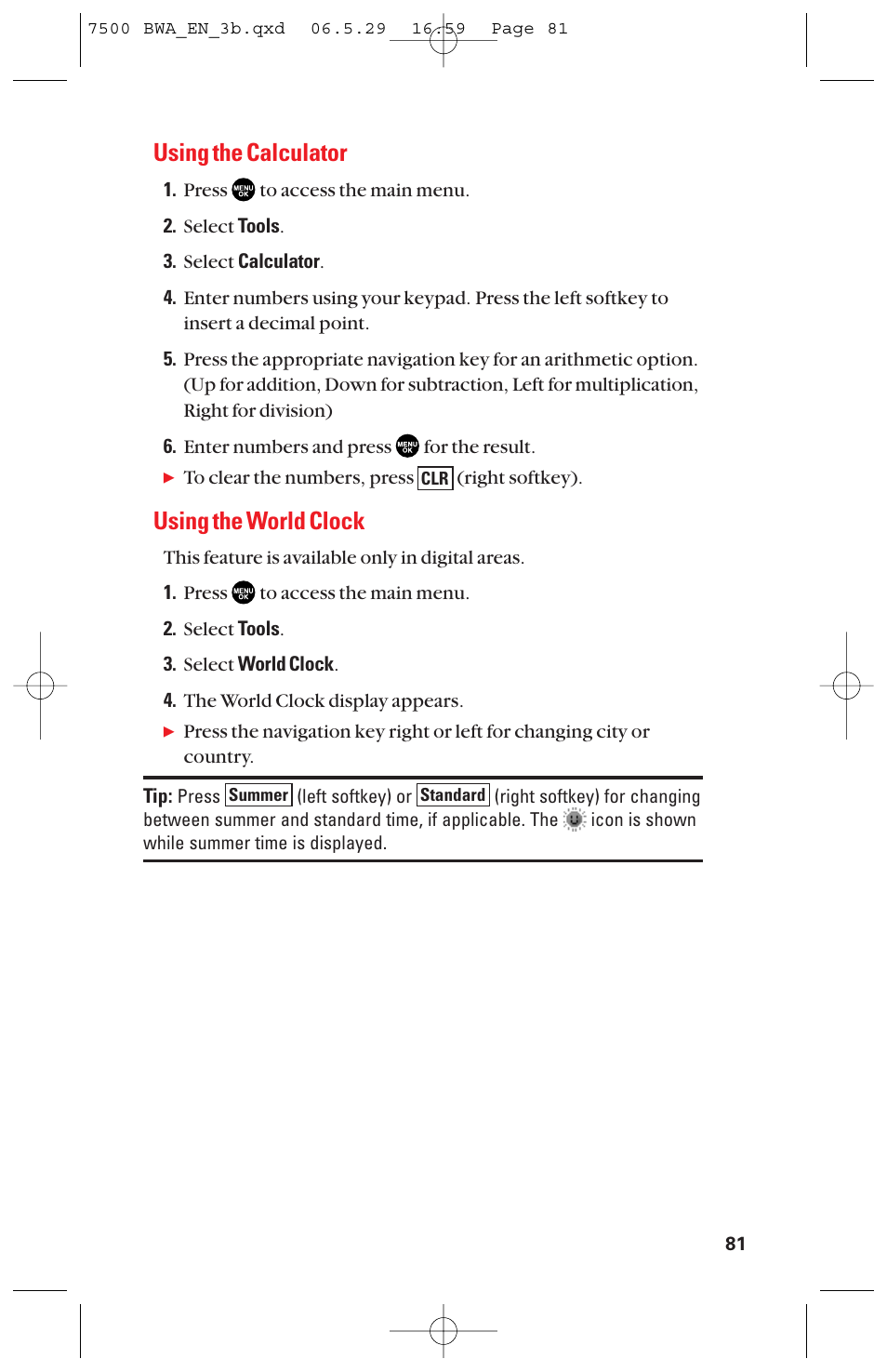 Using the calculator, Using the world clock | Sanyo scp 7500 User Manual | Page 89 / 173