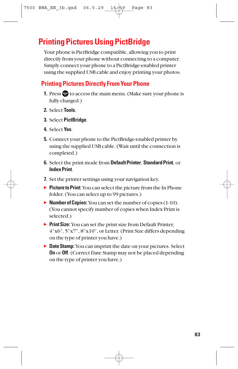 Printing pictures using pictbridge, Printing pictures directly from your phone | Sanyo scp 7500 User Manual | Page 91 / 173