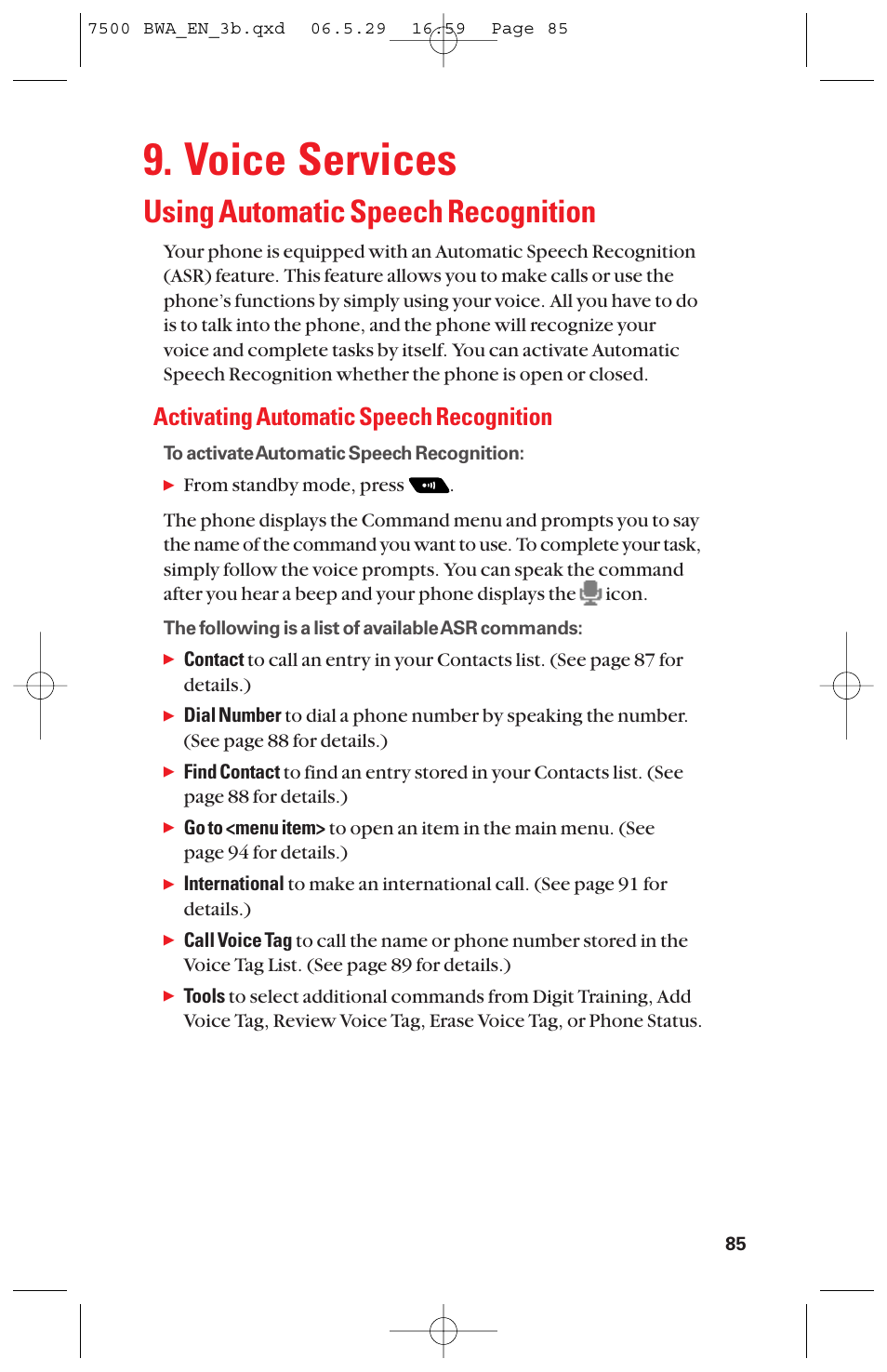 Voice services, Using automatic speech recognition, Activating automatic speech recognition | Sanyo scp 7500 User Manual | Page 93 / 173