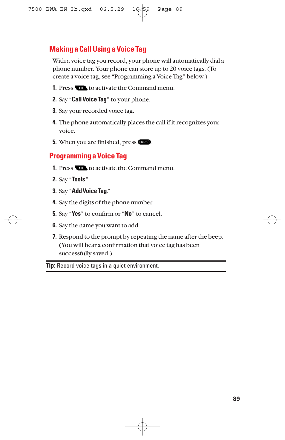 Making a call using a voice tag, Programming a voice tag | Sanyo scp 7500 User Manual | Page 97 / 173