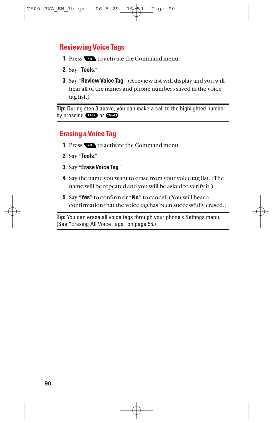 Reviewing voice tags, Erasing a voice tag | Sanyo scp 7500 User Manual | Page 98 / 173