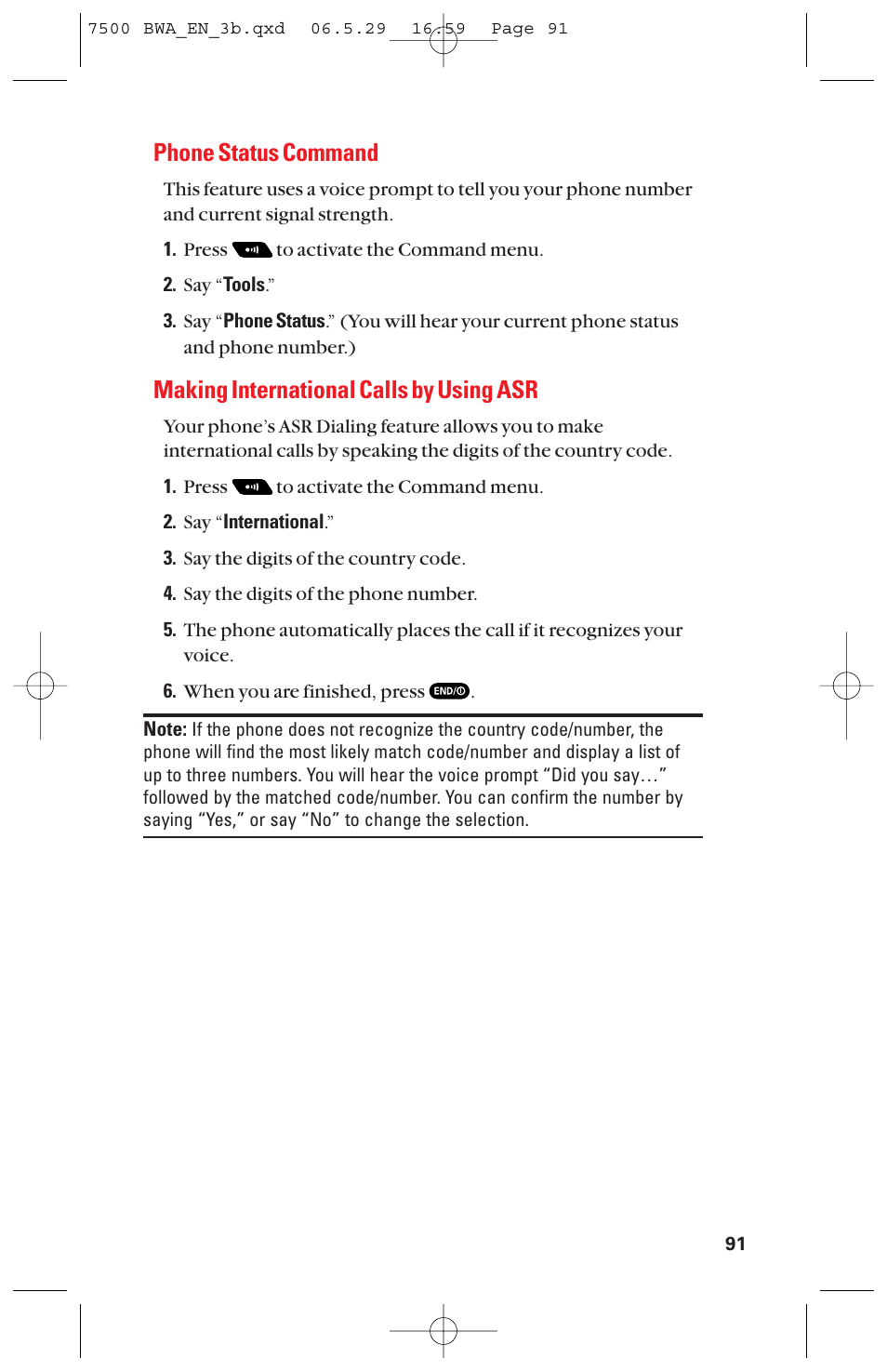 Phone status command, Making international calls by using asr | Sanyo scp 7500 User Manual | Page 99 / 173