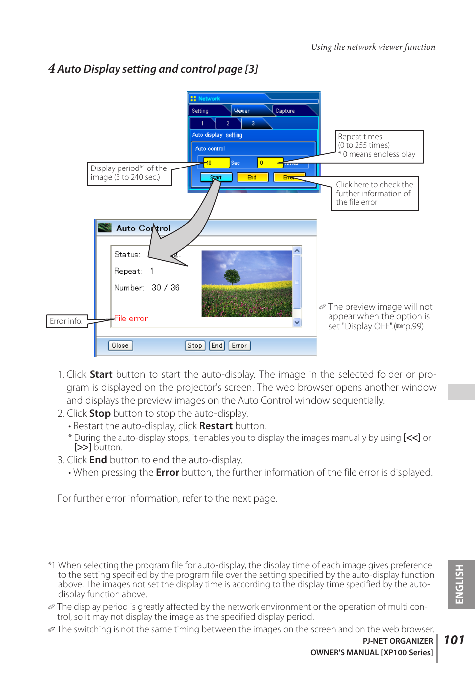 Auto display setting and control page [3, English | Sanyo POA-PN03C User Manual | Page 101 / 124