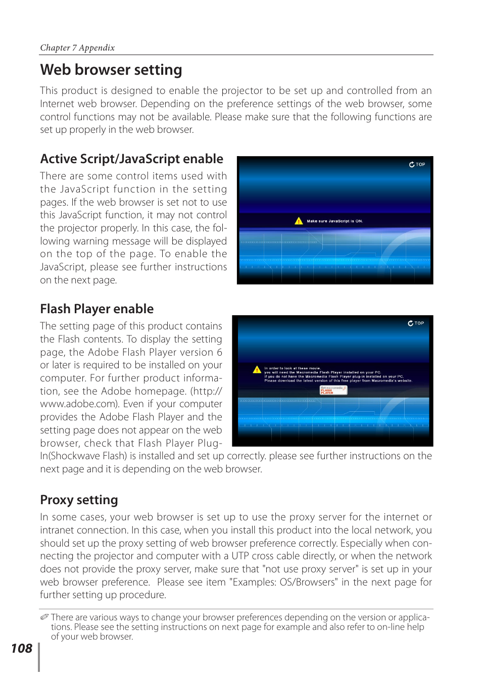 Web browser setting, Active script/javascript enable, Flash player enable | Proxy setting | Sanyo POA-PN03C User Manual | Page 108 / 124