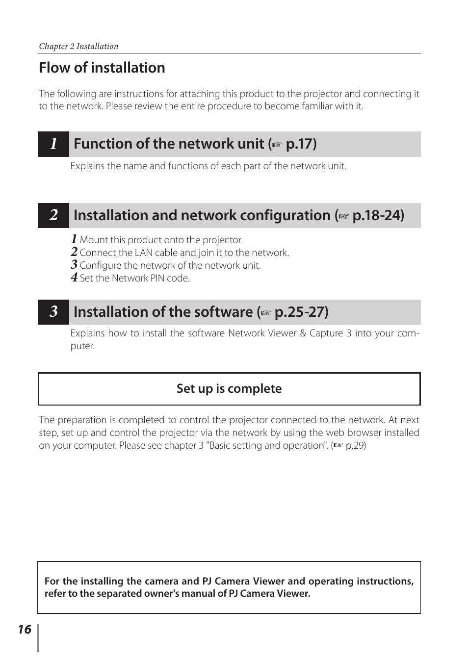 Flow of installation, Function of the network unit, P.17) | Installation and network configuration, P.18-24), Installation of the software, P.25-27) | Sanyo POA-PN03C User Manual | Page 16 / 124