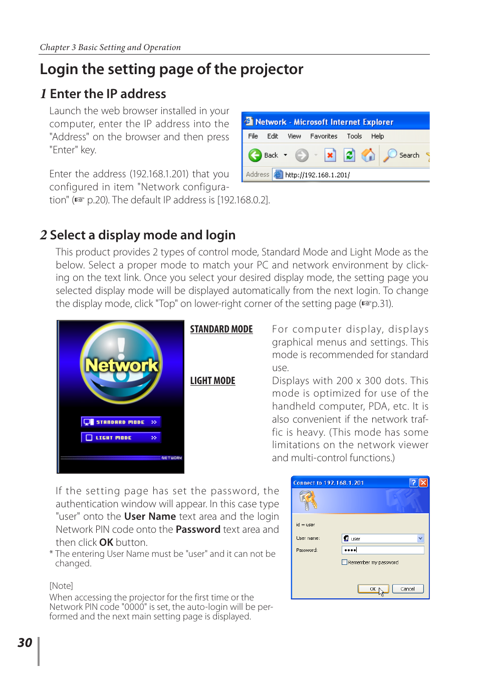 1 enter the ip address, 2 select a display mode and login, Login the setting page of the projector | Enter the ip address, Select a display mode and login | Sanyo POA-PN03C User Manual | Page 30 / 124