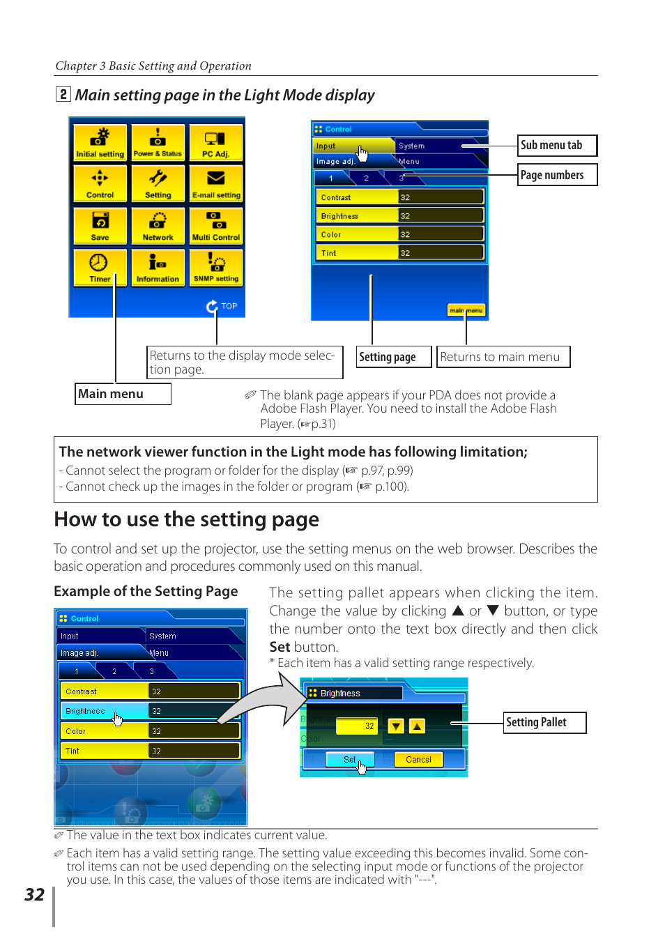 How to use the setting page | Sanyo POA-PN03C User Manual | Page 32 / 124