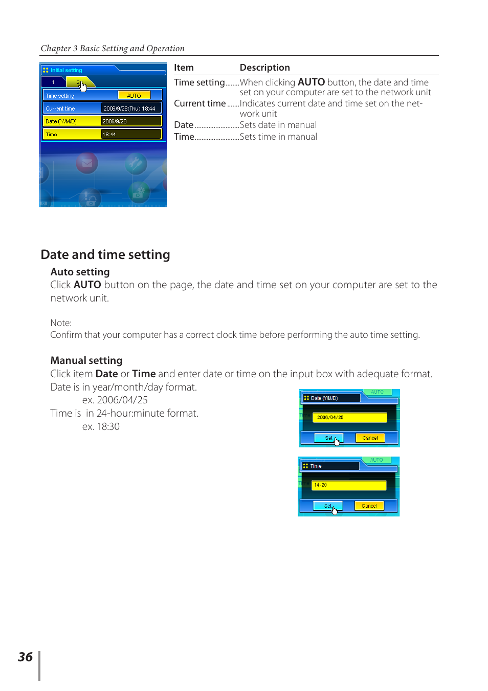 Date and time setting | Sanyo POA-PN03C User Manual | Page 36 / 124