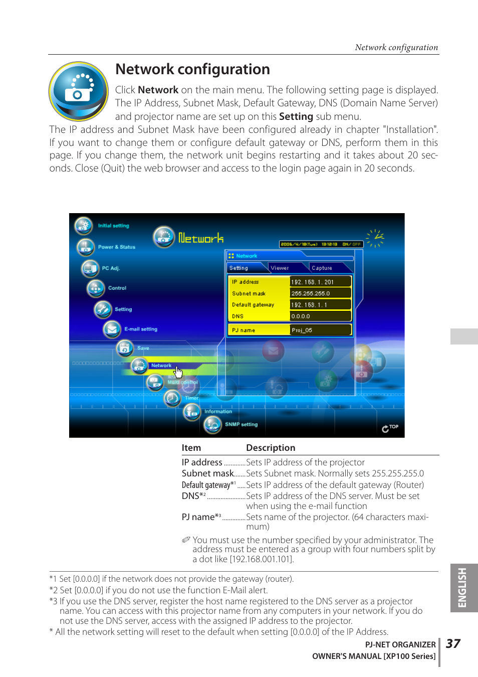 Network configuration | Sanyo POA-PN03C User Manual | Page 37 / 124