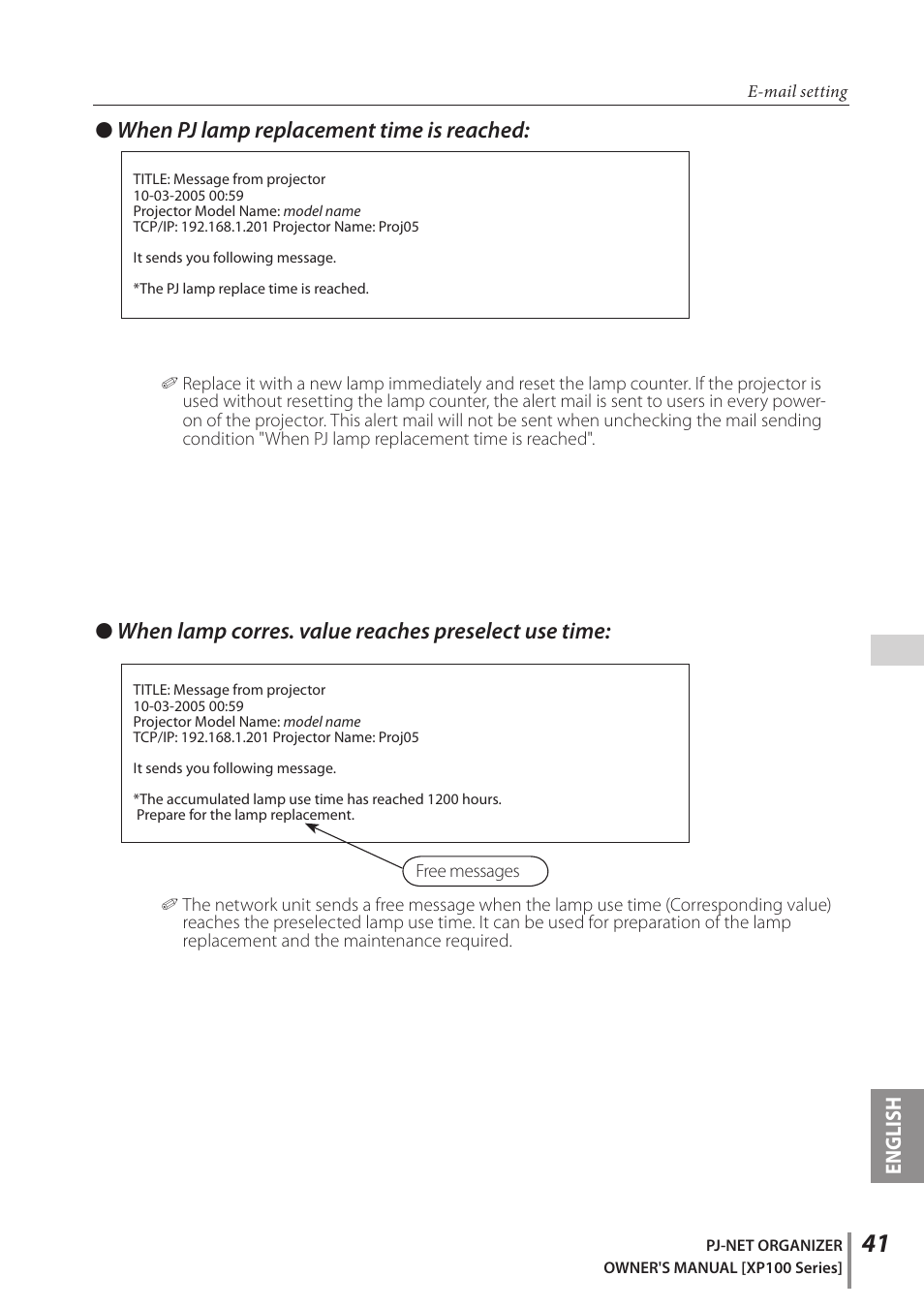 When pj lamp replacement time is reached, When lamp corres. value reaches preselect use time, English | Sanyo POA-PN03C User Manual | Page 41 / 124