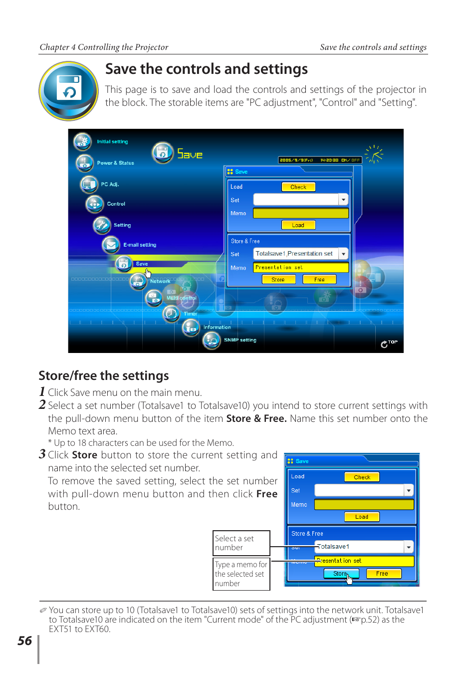 Save the controls and settings, Store/free the settings | Sanyo POA-PN03C User Manual | Page 56 / 124