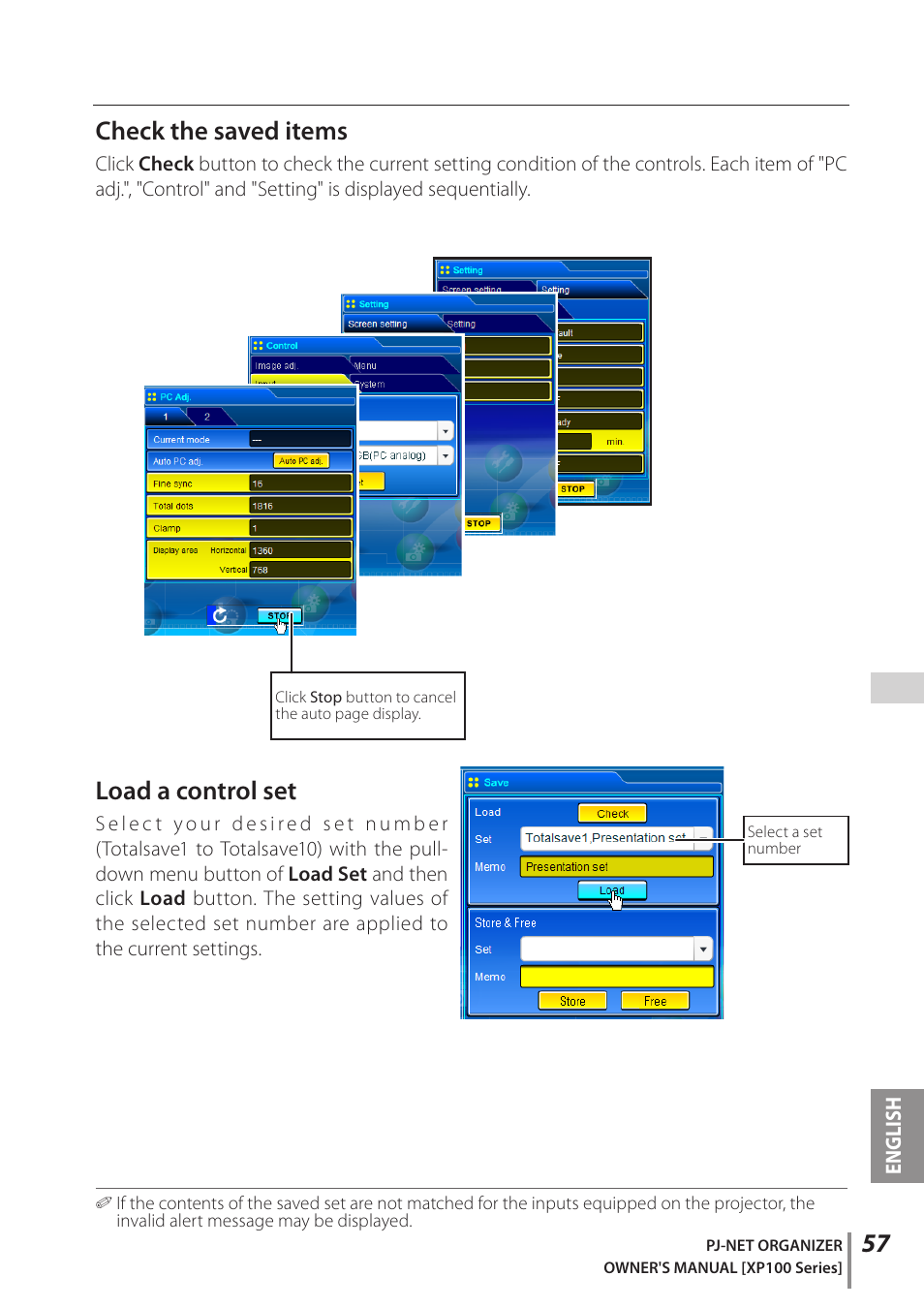 Check the saved items, Load a control set | Sanyo POA-PN03C User Manual | Page 57 / 124