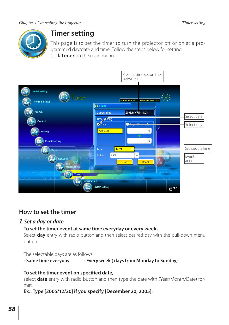 Timer setting, How to set the timer | Sanyo POA-PN03C User Manual | Page 58 / 124
