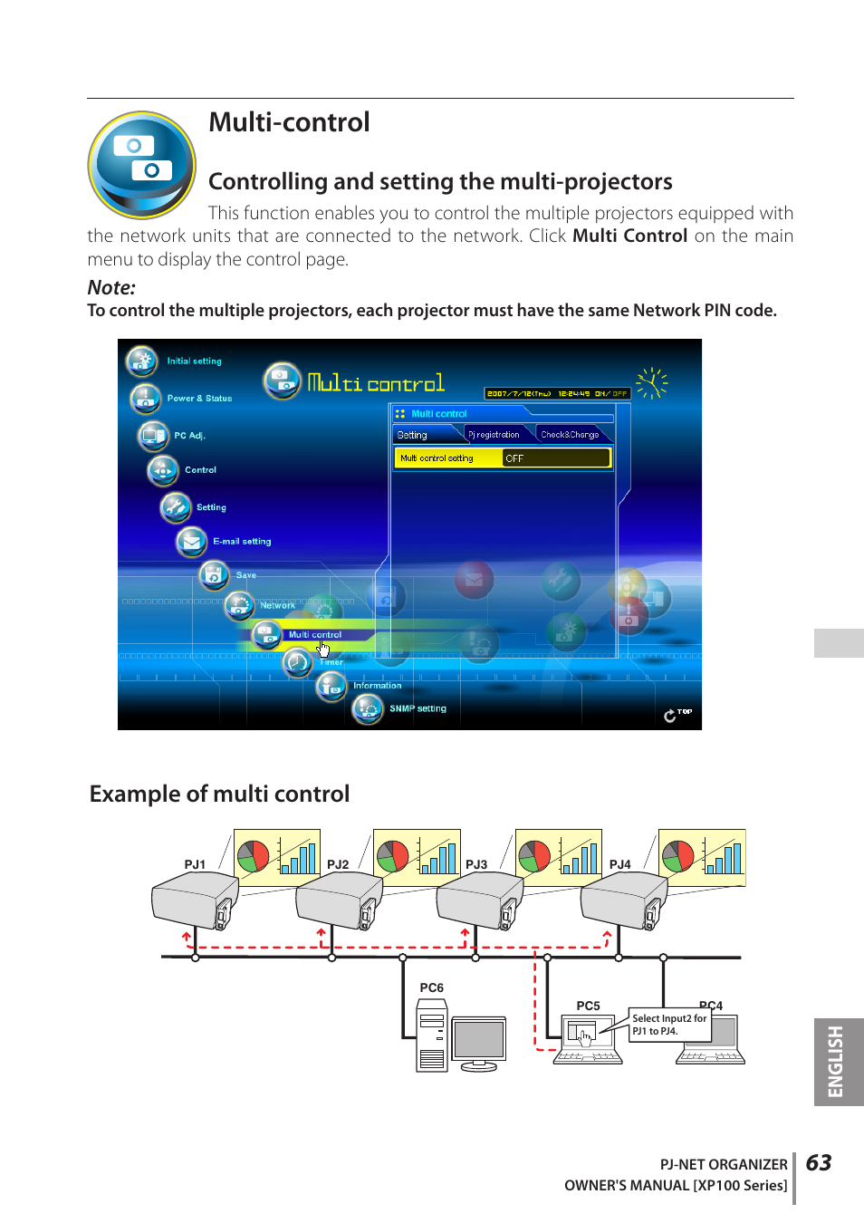 Multi-control, Controlling and setting the multi-projectors, Example of multi control | English | Sanyo POA-PN03C User Manual | Page 63 / 124