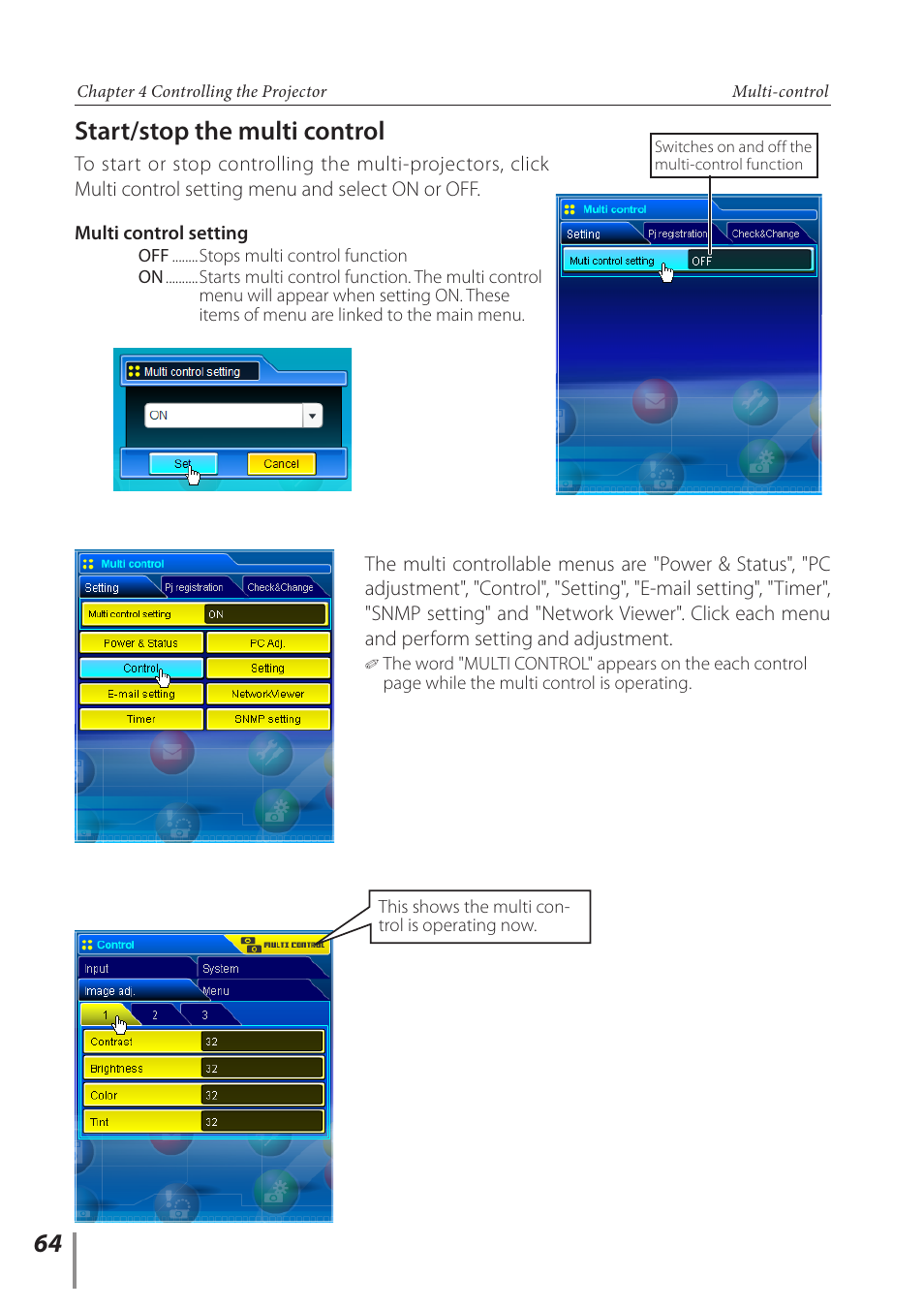 Start/stop the multi control | Sanyo POA-PN03C User Manual | Page 64 / 124