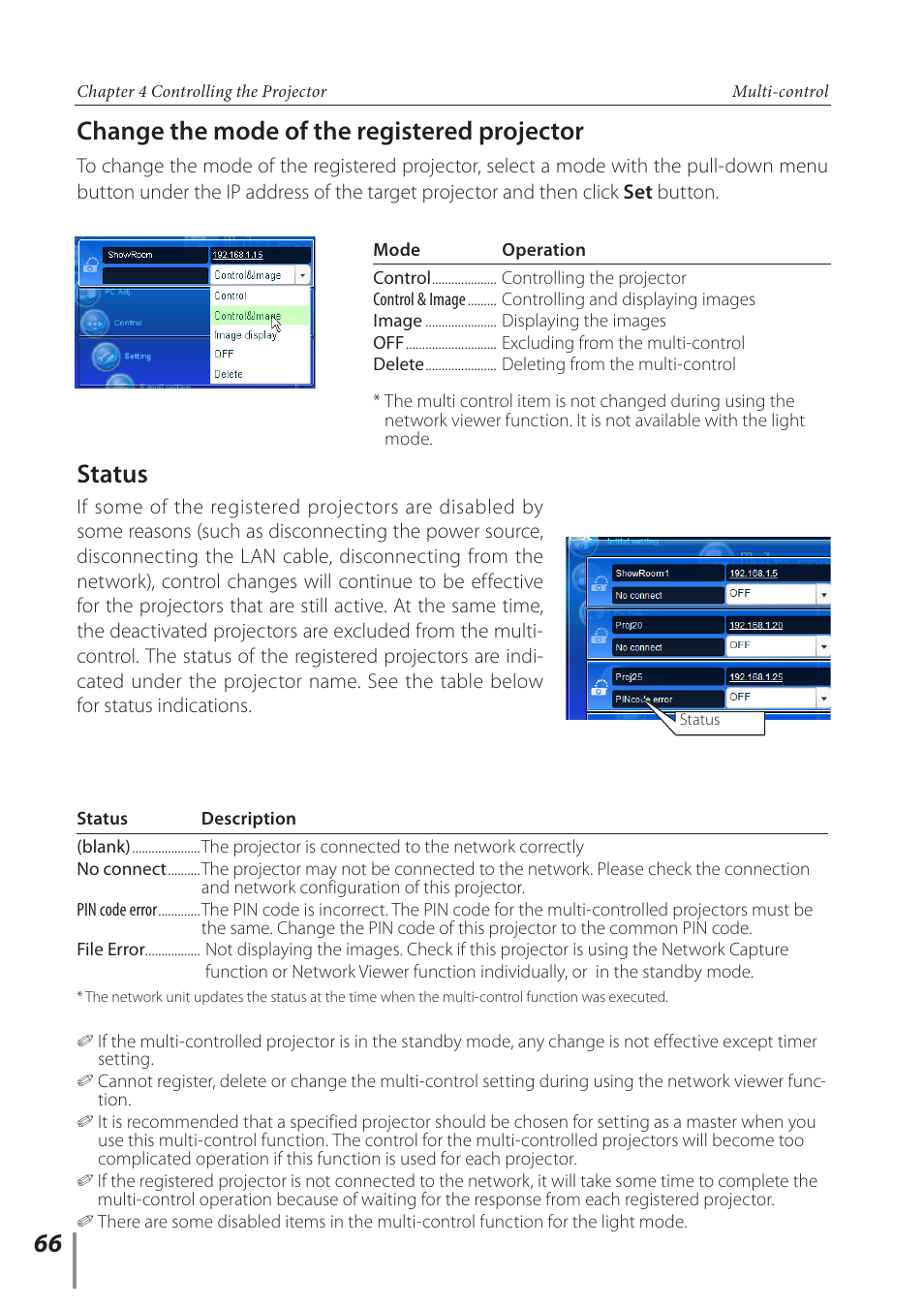 Change the mode of the registered projector, Status | Sanyo POA-PN03C User Manual | Page 66 / 124