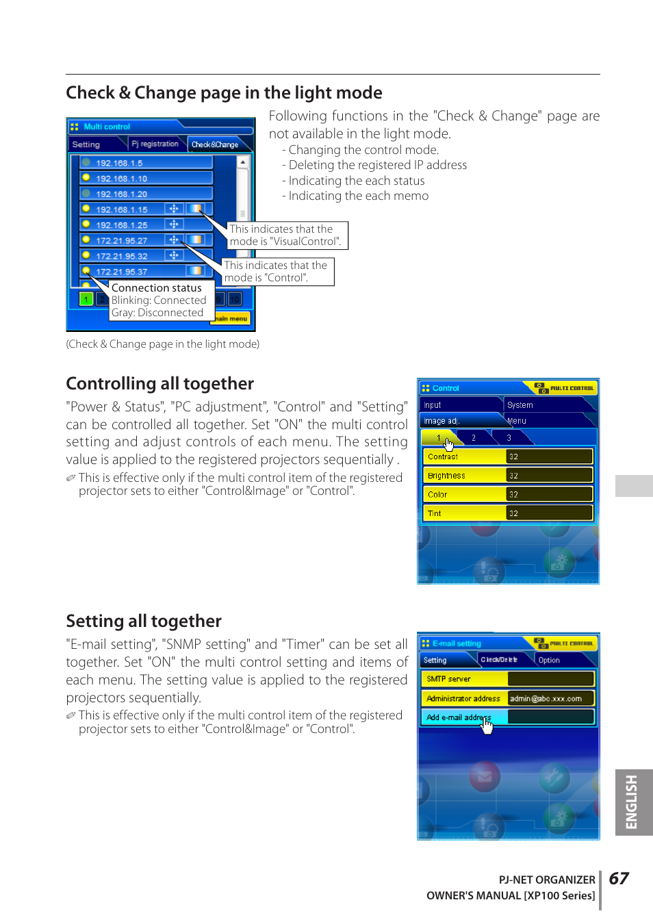 Controlling all together, Setting all together, Check & change page in the light mode | Sanyo POA-PN03C User Manual | Page 67 / 124