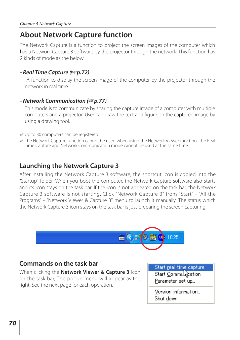 About network capture function, Launching the network capture 3, Commands on the task bar | Sanyo POA-PN03C User Manual | Page 70 / 124