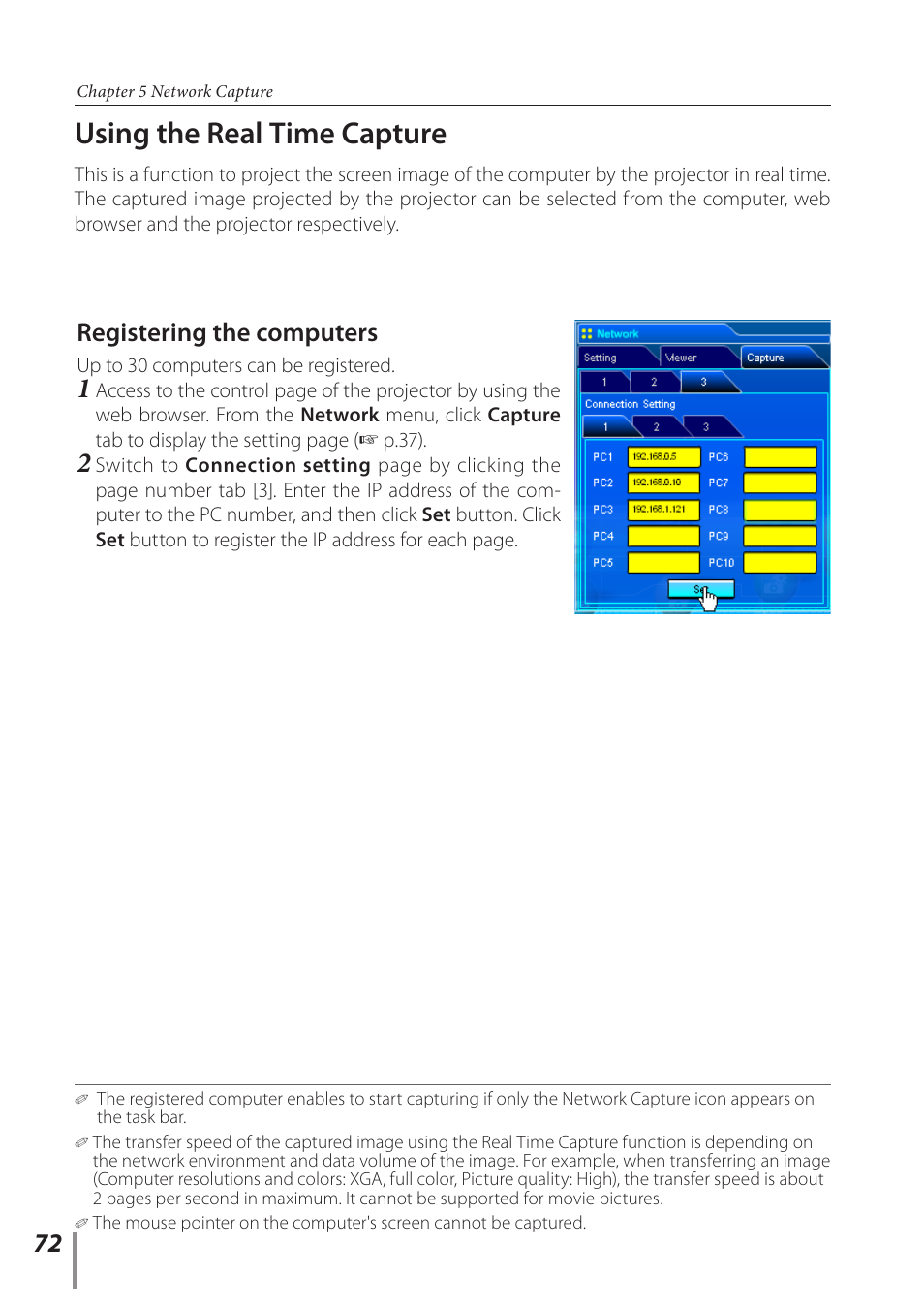 Using the real time capture, Registering the computers | Sanyo POA-PN03C User Manual | Page 72 / 124